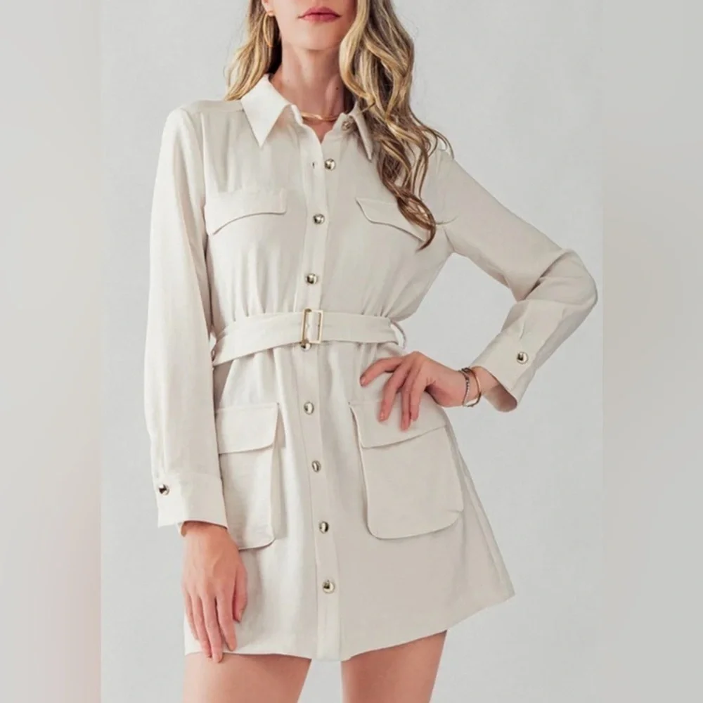 ZARA Women’s XL Gold Button Utility Belted Shirt Dress Ivory Cream Butter White - Picture 2 of 13